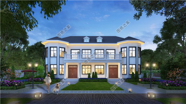 雙拼別墅戶型建筑設計圖紙及外觀效果圖
