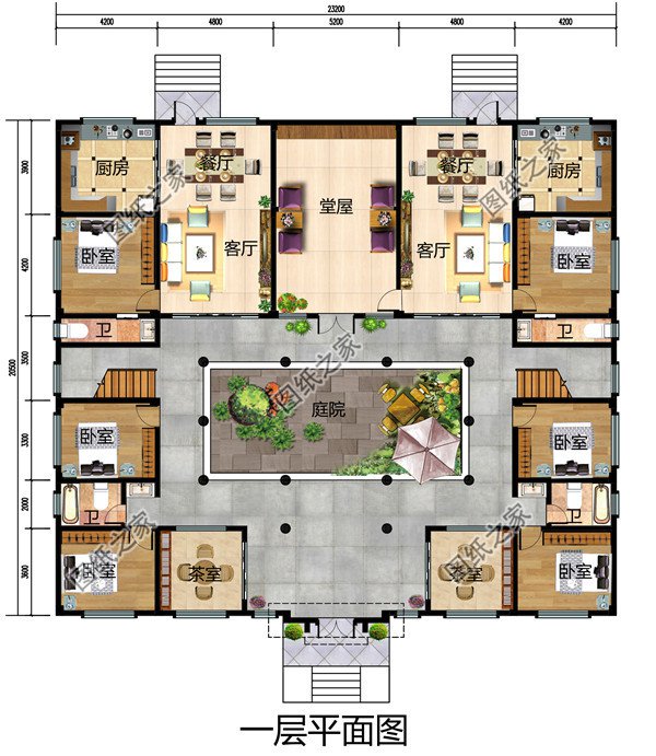 農(nóng)村兄弟雙拼二層四合院別墅設(shè)計圖，戶型左右對稱