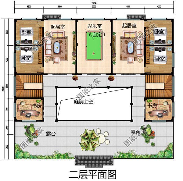 農(nóng)村兄弟雙拼二層四合院別墅設(shè)計圖，戶型左右對稱