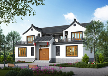 農(nóng)村復(fù)式挑空客廳二層四合院設(shè)計圖紙，外觀對稱設(shè)計