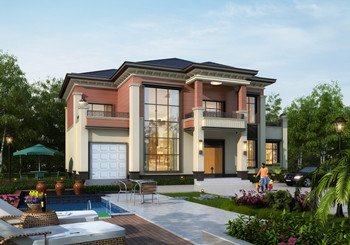 挑空客廳戶型歐式二層別墅設(shè)計(jì)圖紙，高端大氣帶車庫