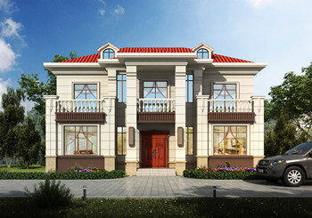 面寬15米左右二層簡歐房子設計方案圖，外觀對稱設計，廚房在前面