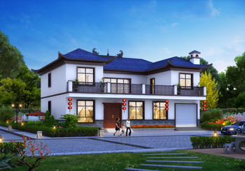 農(nóng)村中式二層4開(kāi)間別墅圖紙?jiān)O(shè)計(jì)方案圖，帶車(chē)庫(kù)戶(hù)型