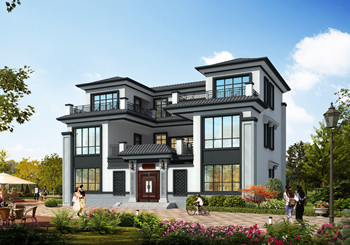 高端三層新中式農(nóng)村別墅設(shè)計(jì)圖，仿合院布局，外觀霸氣