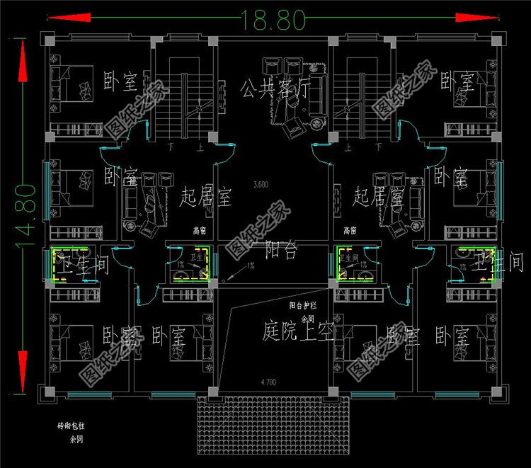 三層雙拼自建房二層設(shè)計(jì)圖