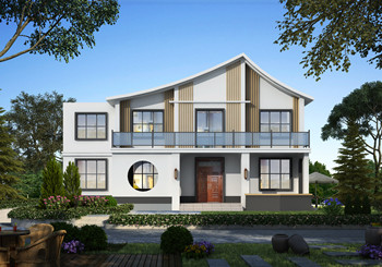 中式和現(xiàn)代結(jié)合的二層農(nóng)村別墅設(shè)計(jì)圖，尖屋頂設(shè)計(jì)