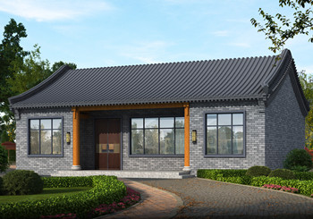 中式一層仿古自建平房設(shè)計(jì)圖，灰墻青瓦，外觀古香古色