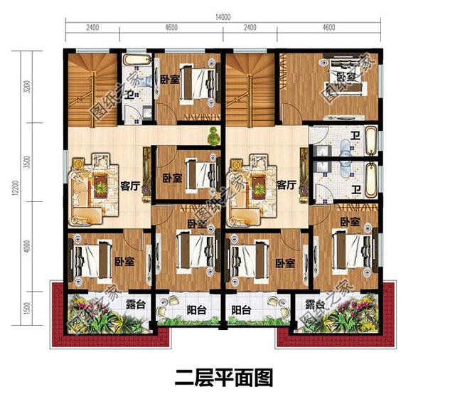 四間雙拼別墅圖，建一棟一家人互相幫襯，生活和和睦睦