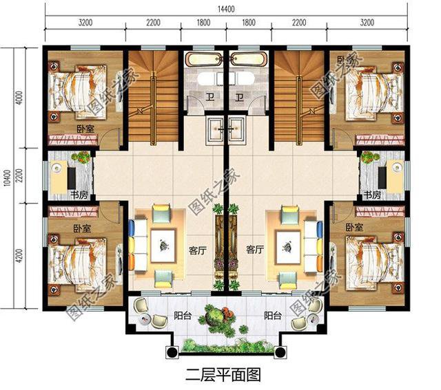 四間雙拼別墅圖，建一棟一家人互相幫襯，生活和和睦睦