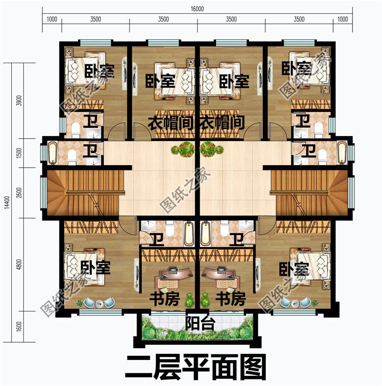 小面積雙拼別墅設計圖二層平面圖