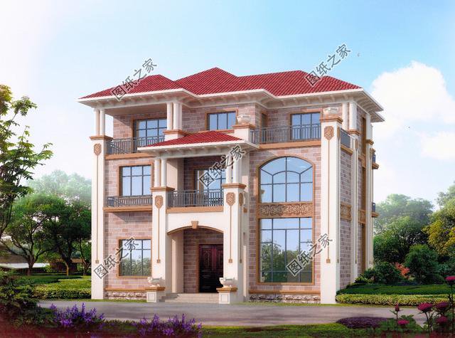 歐式風格三層小洋樓外觀圖，外觀很漂亮，符合農村住宅的設計