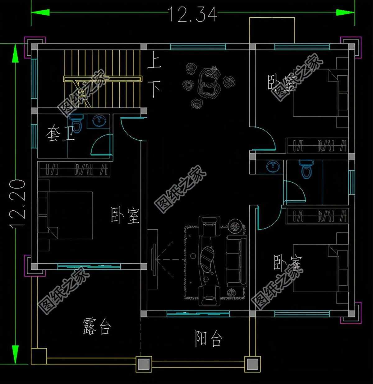 12米×12米建房設(shè)計(jì)圖，有露臺設(shè)計(jì)，農(nóng)村建房就蓋這樣的戶型