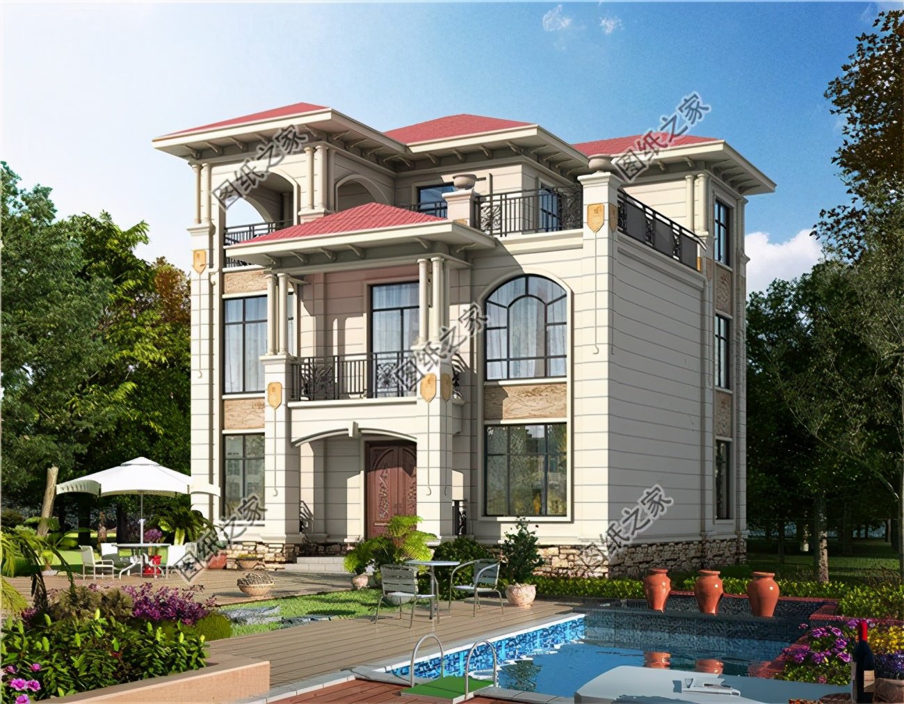 有涼亭的三層別墅，自從建了這三棟，家門都不出