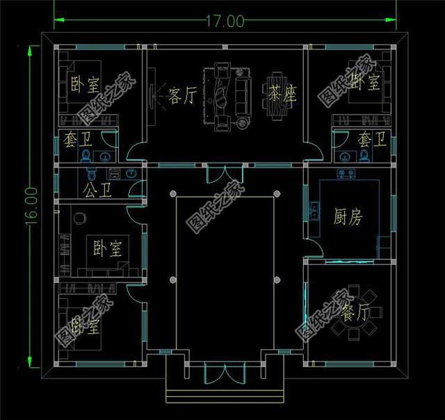 鄉(xiāng)村一層三合院設(shè)計(jì)圖，在庭院中仰望星空的美好