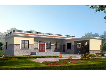 帶小院七字形一層自建房戶(hù)型設(shè)計(jì)圖，平屋頂圖紙