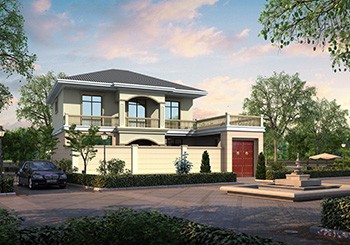 帶小院和車(chē)庫(kù)的二層自建房設(shè)計(jì)圖，整體呈L型