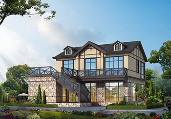 鄉(xiāng)村L型二層半別墅設(shè)計圖紙，帶閣樓層七字型戶型