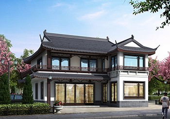 仿古中式七字形二層小別墅設(shè)計(jì)圖紙，L型自建房推薦