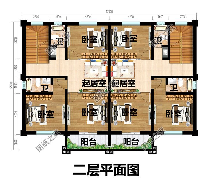 三層現(xiàn)代簡(jiǎn)約農(nóng)村雙拼小別墅二層平面圖