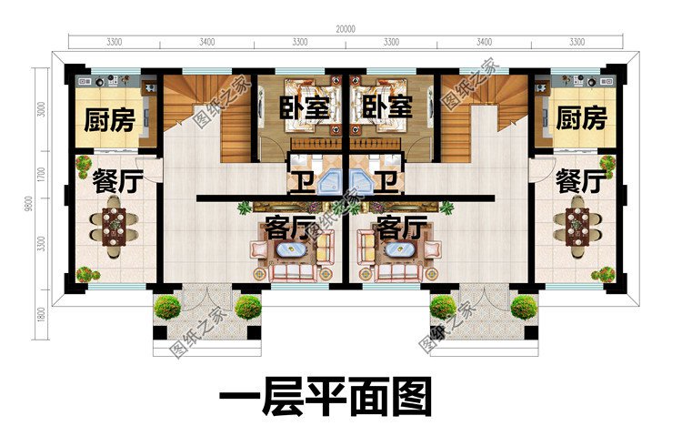 農(nóng)村三層雙拼別墅一層平面圖