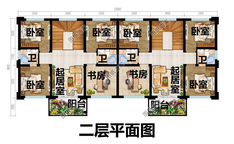 農(nóng)村三層雙拼別墅二層平面圖