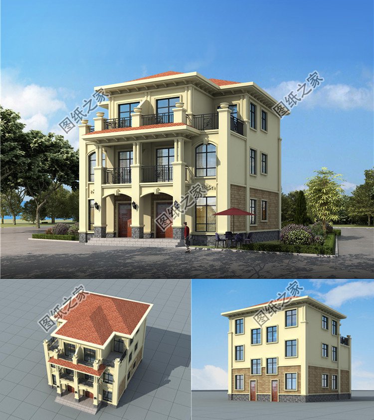 農(nóng)村三層兩戶(hù)雙拼自建別墅效果圖