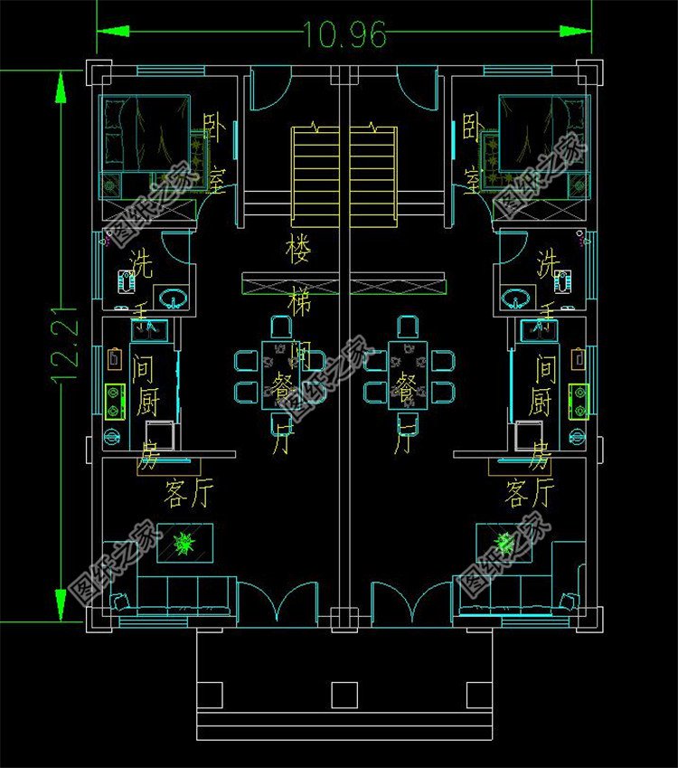 農(nóng)村三層兩戶(hù)雙拼自建別墅一層平面圖