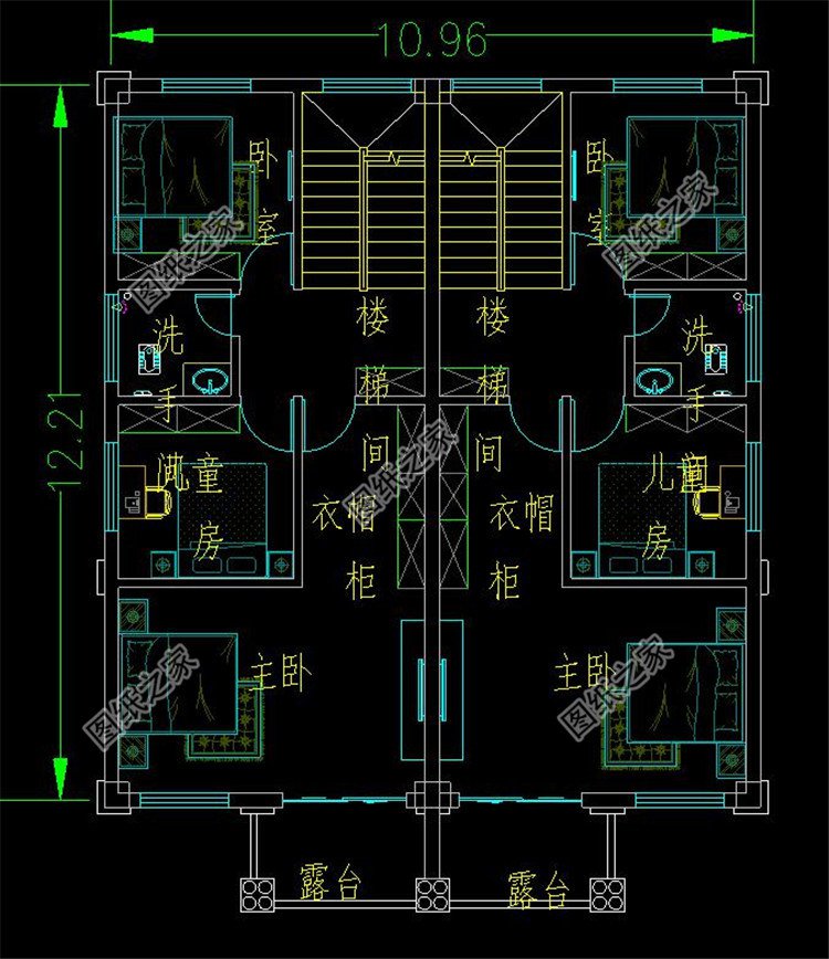 農(nóng)村三層兩戶(hù)雙拼自建別墅二層平面圖
