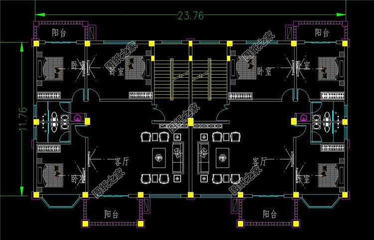 四層歐式雙拼大別墅二層平面圖