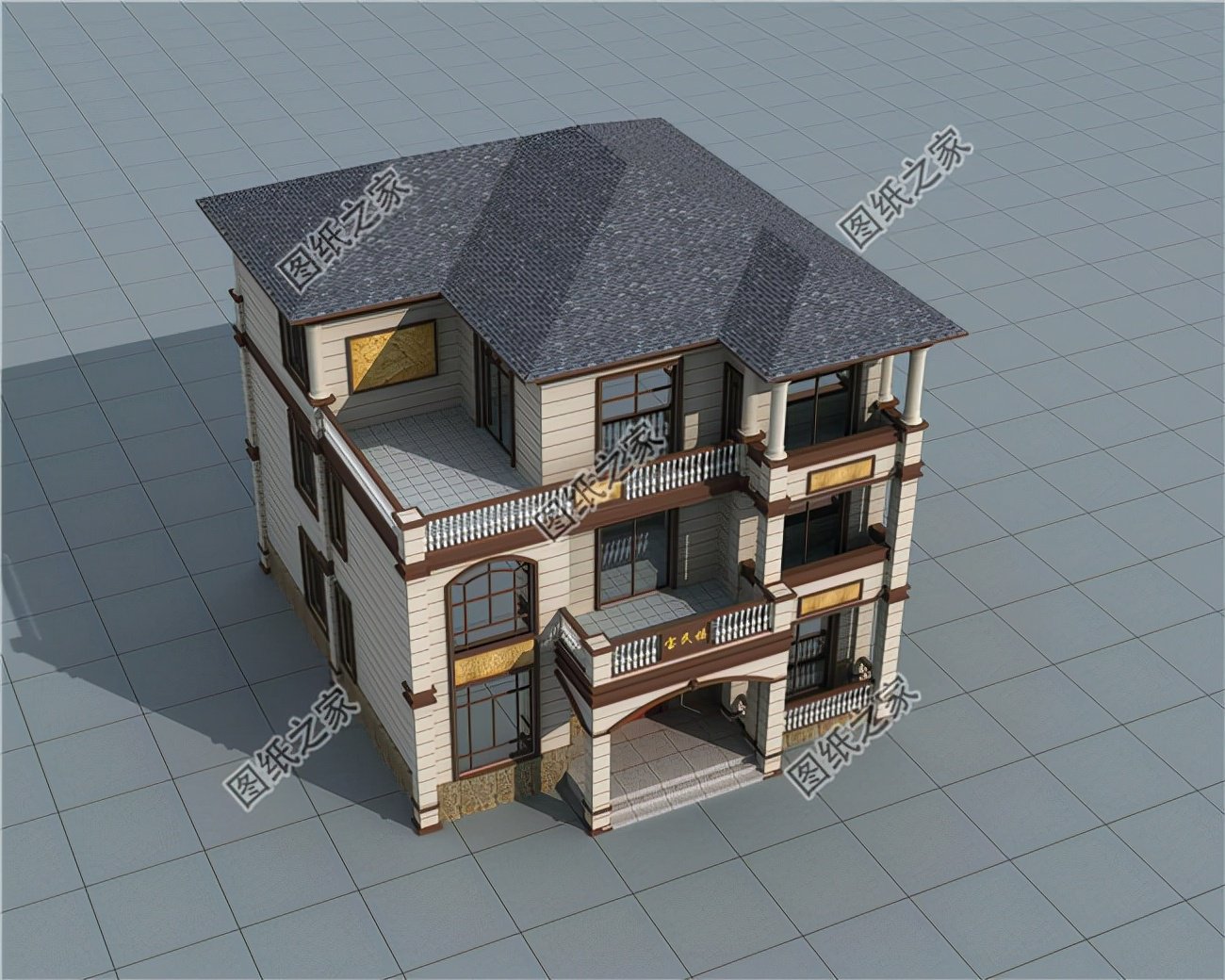 帶浮雕的農(nóng)村自建三層別墅，金色浮雕是歷久不衰的美