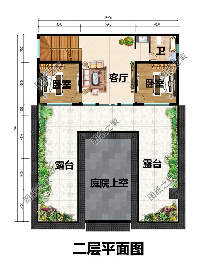 農(nóng)村平屋頂中式四合院設(shè)計(jì)圖二層平面圖