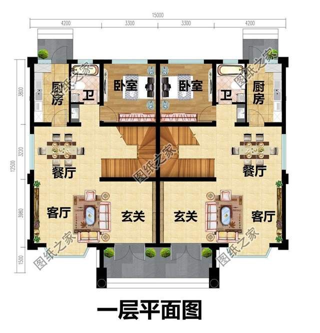 兄弟二層雙拼別墅設(shè)計(jì)圖，大家似園圃，花團(tuán)錦簇
