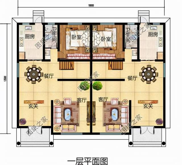 兄弟二層雙拼別墅設(shè)計(jì)圖，大家似園圃，花團(tuán)錦簇