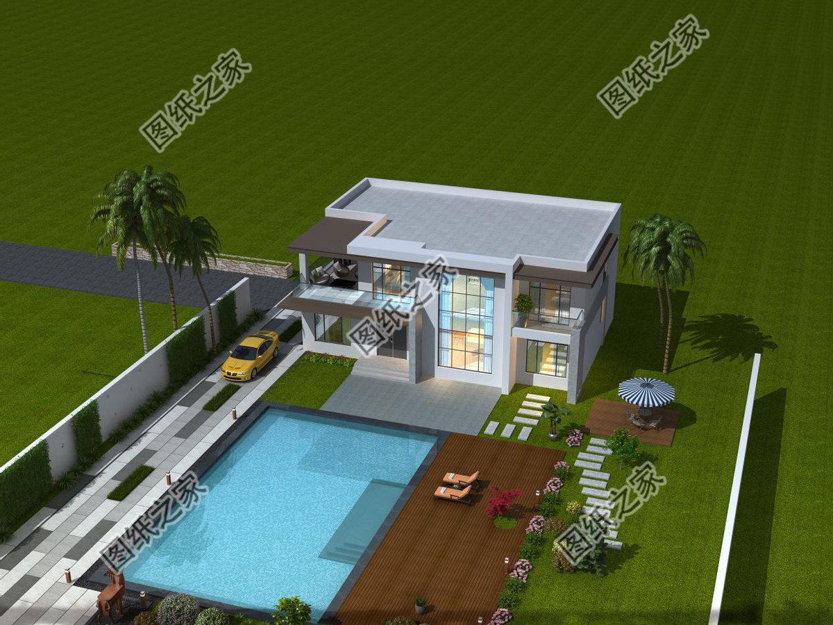 二層現(xiàn)代平屋頂別墅設(shè)計(jì)，大面積的露臺(tái)，居住會(huì)更舒適一些