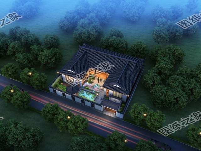 一層三合院別墅設(shè)計，清雅古韻，色調(diào)沉穩(wěn)靜默