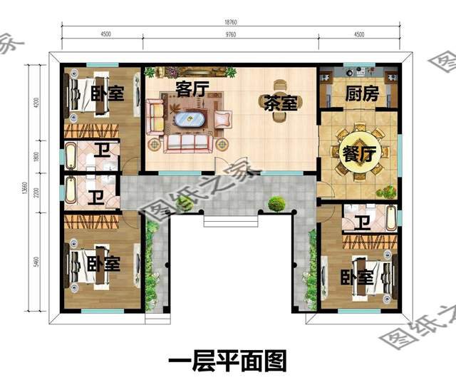 一層三合院別墅設(shè)計，清雅古韻，色調(diào)沉穩(wěn)靜默