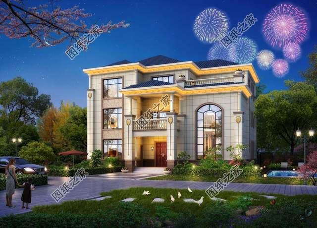 農村三層歐式別墅，白色墻體與藍灰色坡屋頂搭配和諧，增添浪漫感