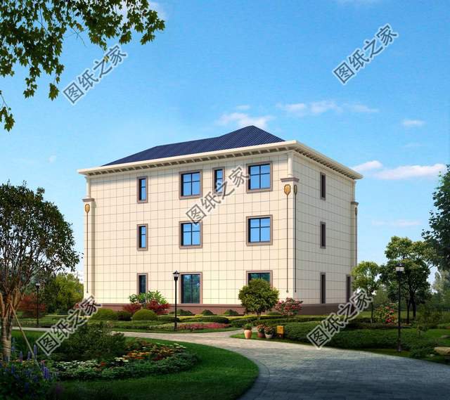 農村三層歐式別墅，白色墻體與藍灰色坡屋頂搭配和諧，增添浪漫感