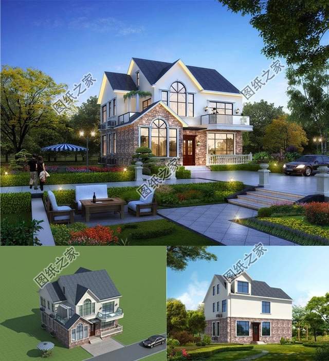 文化石裝飾的農(nóng)村別墅，外觀色彩自然，紋理粗獷豪放