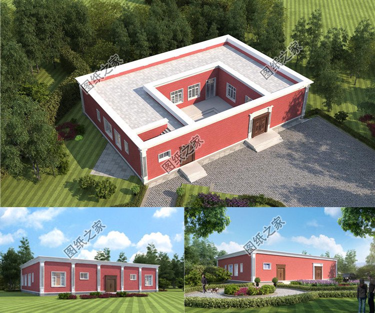 一層平頂磚混別墅設(shè)計(jì)圖效果圖