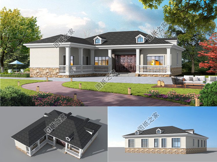 農(nóng)村七字形獨(dú)棟一層別墅設(shè)計(jì)圖效果圖