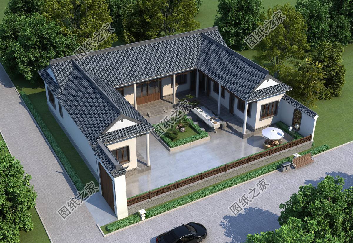 一層合院農(nóng)村別墅設(shè)計，一家人住在一起，非常有氣氛