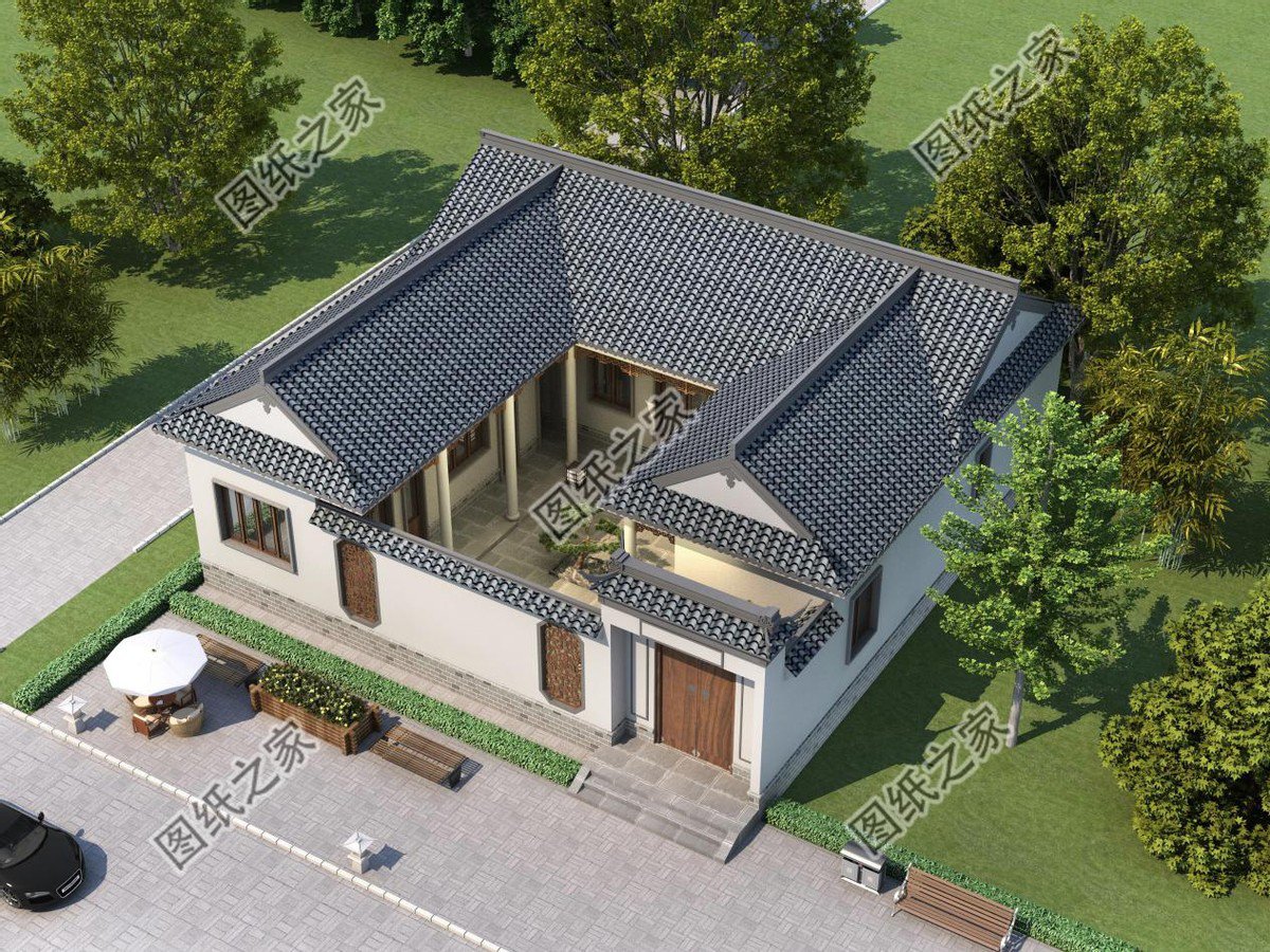 一層合院農(nóng)村別墅設(shè)計，一家人住在一起，非常有氣氛