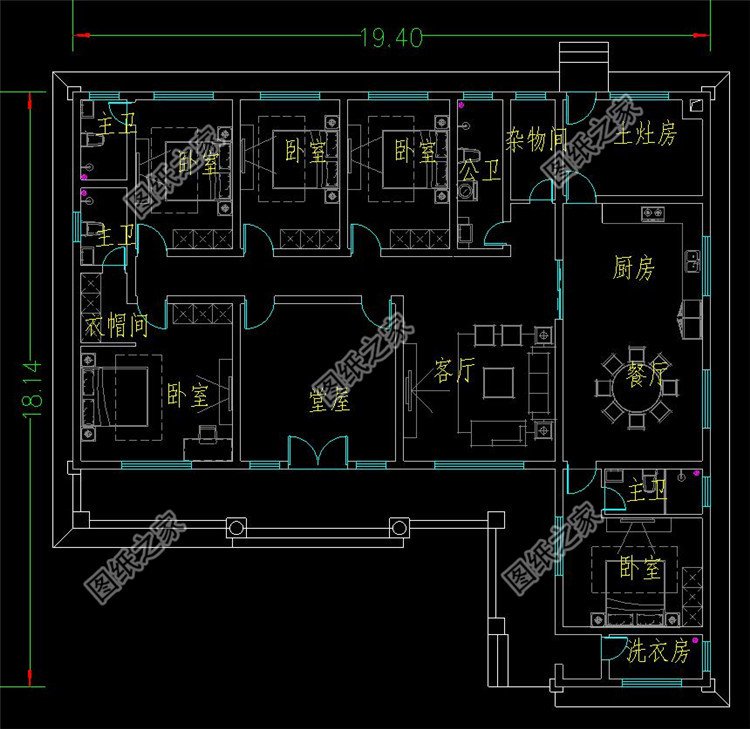 七字形一層小平房設計方案平面圖