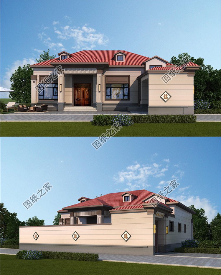 7字型一層半農(nóng)村別墅設(shè)計圖效果圖