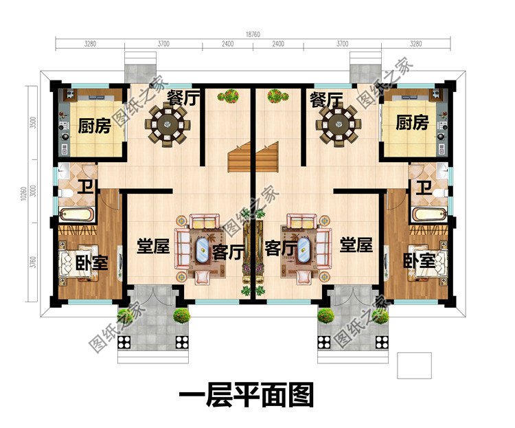 18.76x10.26米農(nóng)村三層歐式雙拼別