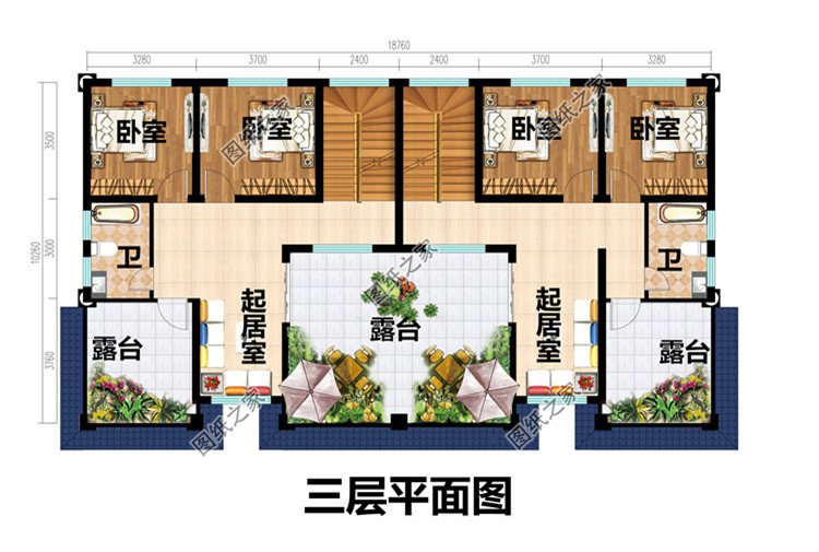 18.76x10.26米農(nóng)村三層歐式雙拼別