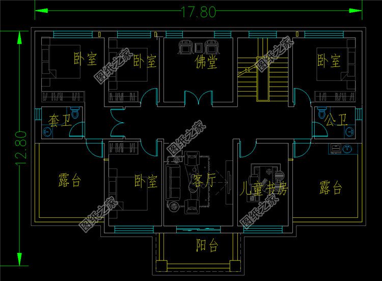 200平米二層五間對(duì)稱(chēng)式結(jié)構(gòu)別墅二層平面圖