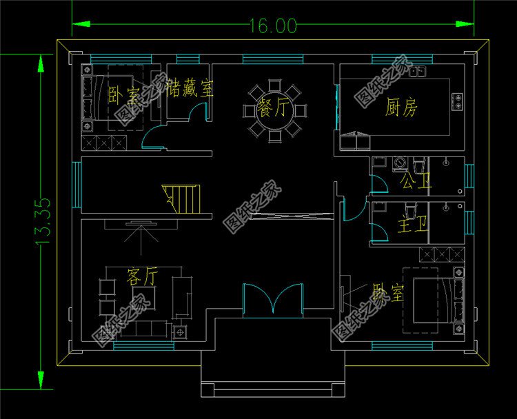 16米方正實用二層別墅設(shè)計圖一層平面圖