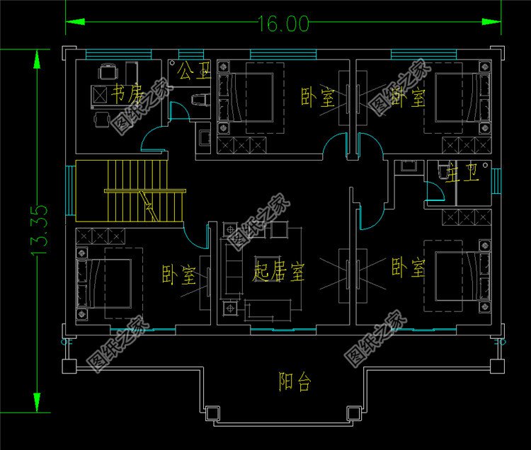 16米方正實用二層別墅設(shè)計圖二層平面圖
